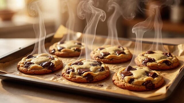 Freshly baked chocolate chip cookies releasing aromatic steam on a metal tray.
