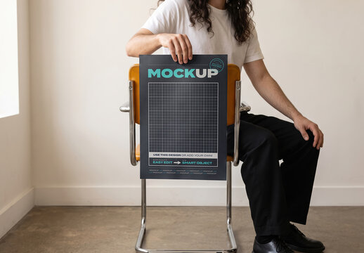 Person Sitting on Chair Holding Page Poster Mockup