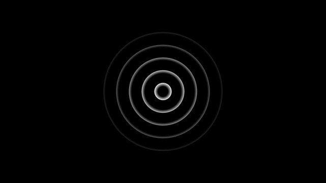 Minimalist concentric circles radiating pulsing waves motion background, featuring smooth white, rings expanding outward, against a deep, solid black backdrop, for modern digital, visual presentations