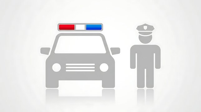 Police car and officer icon graphic with red and blue emergency light bar on white background