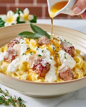Golden pasta nestles in a soft beige bowl. Crispy meat chunks peek from creamy sauce. Fresh sage leaf rests atop the dish. Cheese dusts the surface, adding texture. Hand pours golden drizzle