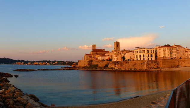 Antibes old town skyline at sunset, French Riviera.