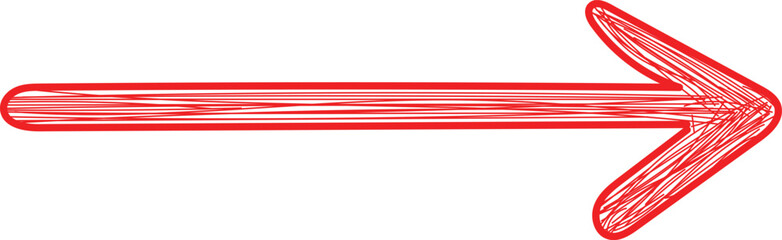 Obraz premium Long red hand drawn horizontal arrow with scribble texture for navigation and website design elements.