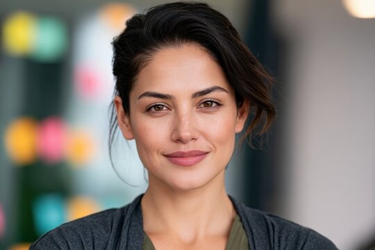 Female creative professional in her late 30s with expressive features and relaxed demeanor standing in a collaborative office with colorful background elements