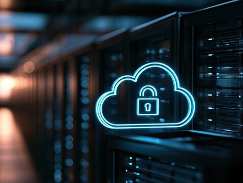Neon blue cloud icon with a padlock symbol floating in a server room, representing secure cloud computing, data protection, and cybersecurity infrastructure