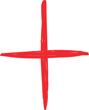 Red hand drawn cross plus sign marks correction error stop cancel or medical help healthcare design.
