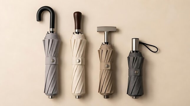 Four folded umbrellas of different sizes and colors arranged vertically on a neutral background.