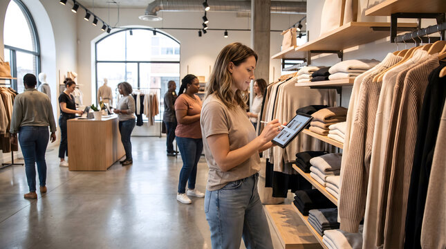 Woman using a tablet to check inventory in a clothing store with customers browsing in the background