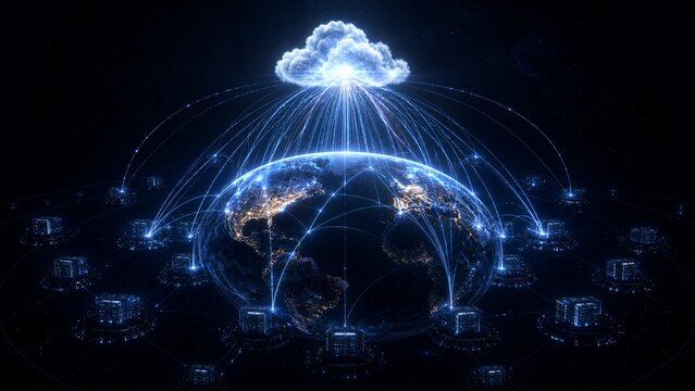 Global Cloud Connectivity: An illuminated globe showcases interconnected digital networks extending to a luminous cloud, symbolizing worldwide data transfer and cloud computing technology.