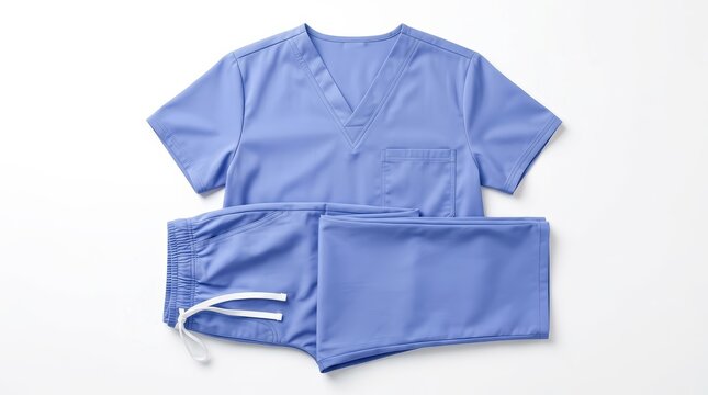 Professional blue scrubs set including medical shirt and pants on a white background.