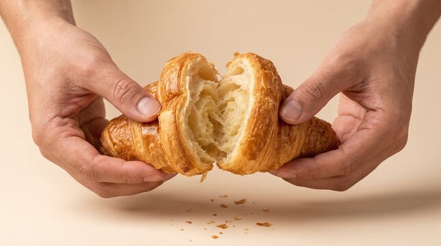 Hands pulling apart fresh buttery croissant showing flaky texture against soft neutral background with two hands gently food