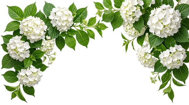 White hydrangea floral corner frame with green leaves isolated on transparent background
