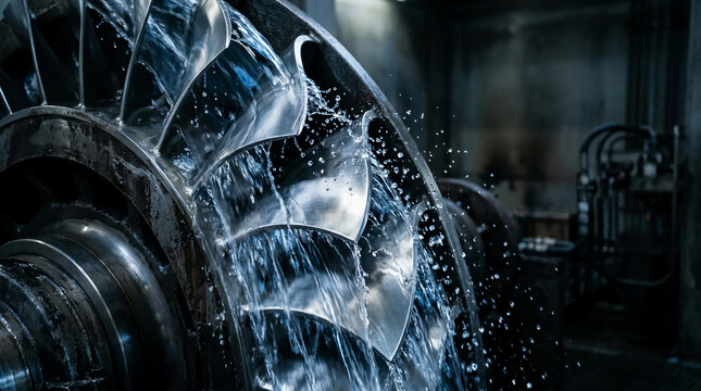 Hydraulic turbine runner in operation with high-pressure water splashing across metal blades, generating renewable clean energy inside a modern industrial hydroelectric power plant facility