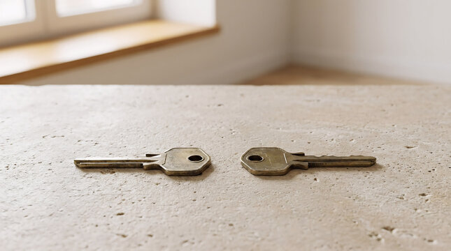 Two brass keys placed separately on a stone surface symbolizing amicable divorce and the concept of moving on and starting a new chapter in separate lives