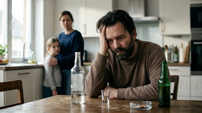 Unhappy wife and daughter in the background while a man drinks vodka at a kitchen table.