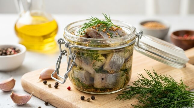 Close-up of pickled herring pieces with mustard seeds and dill in a preserve jar.