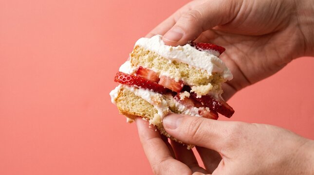 Hands holding fresh strawberry shortcake with whipped cream against pink background with person holding piece indulgence