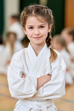 Confident young girl in white karate gi stands with arms crossed in community sports hall, bright eyes and pleasant expression after training session