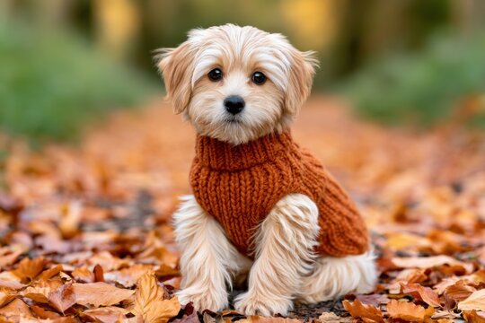 Small mixed-breed puppy with soft cream and tan fur wearing a cozy burnt-orange sweater sitting on a leaf-covered woodland path in autumn surrounded by colorful foliage
