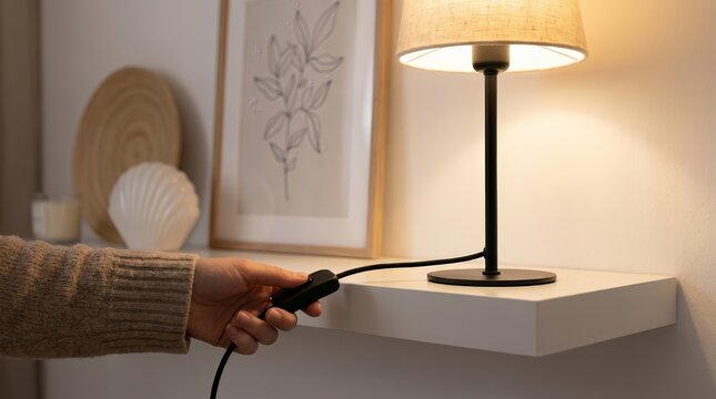 Close-up of a hand pressing an inline cord switch to turn off a lamp at home.
