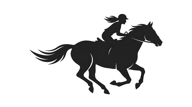 Silhouette of a woman riding a horse at a gallop isolated on a white background