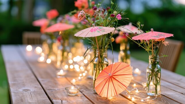Outdoor summer party table set for an intimate gathering, featuring rustic wooden table, coral and blush cocktail umbrellas, glass bottles with flowers, and tiny candles