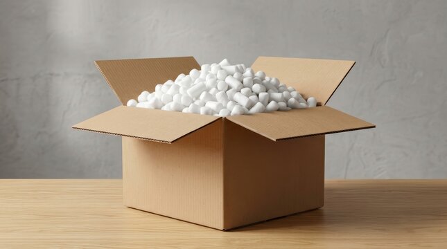 White styrofoam packing peanuts inside a cardboard shipping box on a wooden surface.