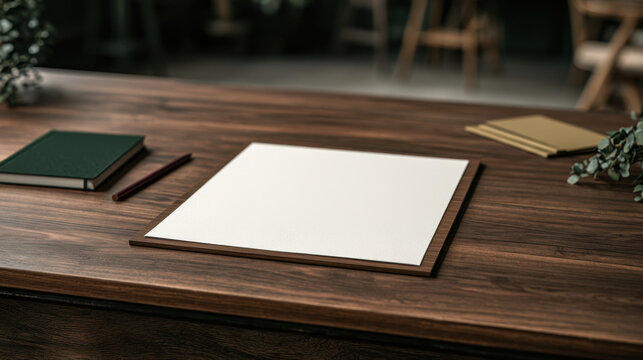 Sophisticated blank teacher welcome letter mockup on wooden presentation board with elegant classroom desk styling