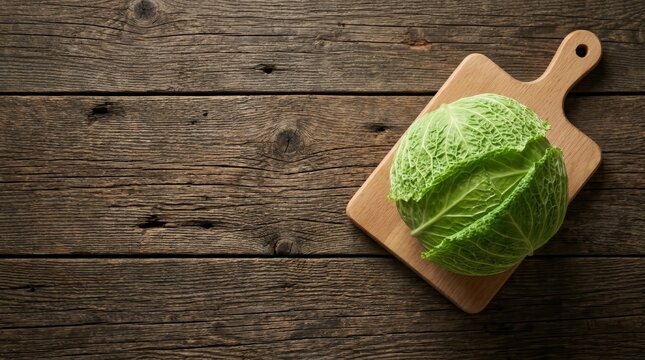 Top view of a green cabbage head sitting on a wooden cutting board.