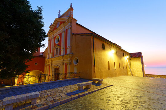 Church at dusk, Antibes old town, French Riviera.