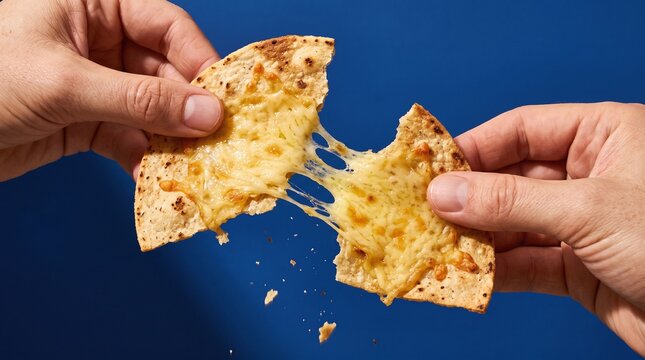 Hands pulling apart warm crispy tortilla toasted with melted gooey stretchy cheese against vibrant blue background with snack