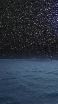 Shimmering starlight above frozen arctic tundra landscape featuring mesmerizing slow motion digital animation loop background.