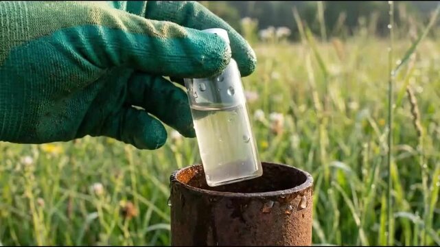 Ecologist Collecting Groundwater Sample in Glass Vial from Monitoring Well in Rural Field, Environmental Research Video