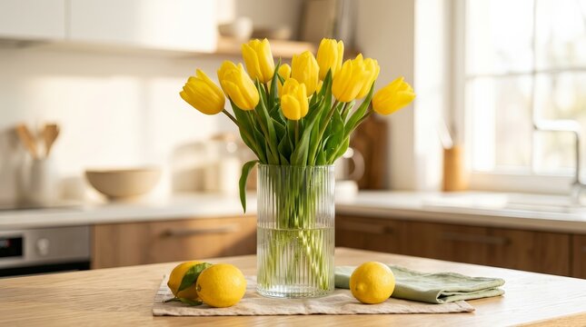 A fresh bouquet of yellow tulips in a ribbed vase sitting on a wooden table.
