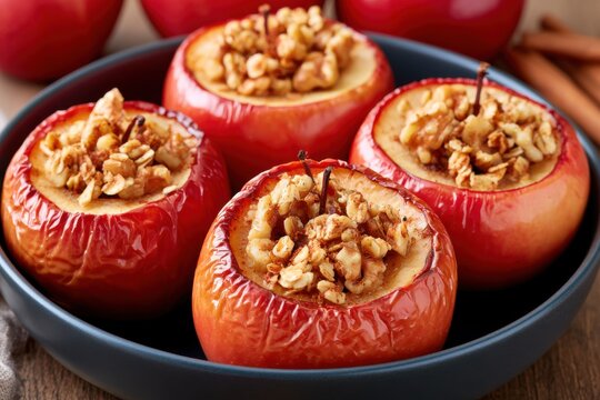 Homemade baked apples filled with chopped walnuts, oats, and spices, arranged in a dark ceramic dish, showcasing glossy red skins and caramelized edges
