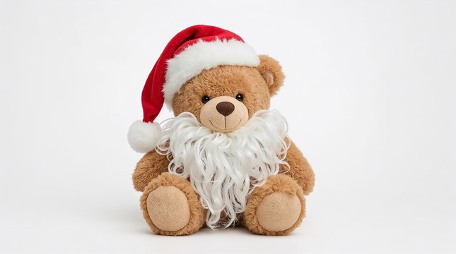 Brown plush teddy bear wearing a Santa hat and beard, embodying Christmas cheer and festive holiday traditions
