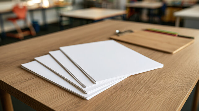 Blank classroom forms bundle mockup with stacked white paper sheets on wooden teacher desk and clipboard in background