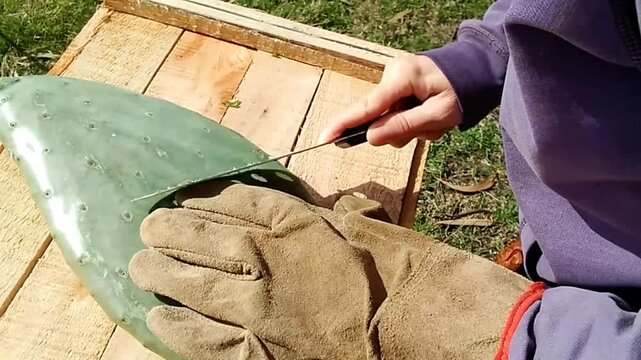 Nopal cactus pad being scraped to remove spines in the field 