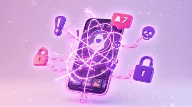Mobile phone digital security notification alert with cyber threat symbols glowing purple pink light representing privacy hacking risk social media alert icons security lock padlock skull exclamation