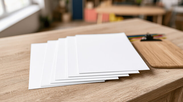 Blank classroom forms bundle mockup with stacked white paper sheets on wooden teacher desk with school supplies in background