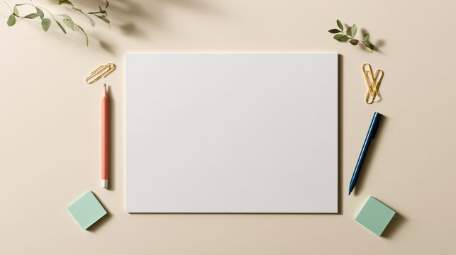 Blank teacher classroom newsletter mockup with white paper, stationery and green leaves arranged on beige background
