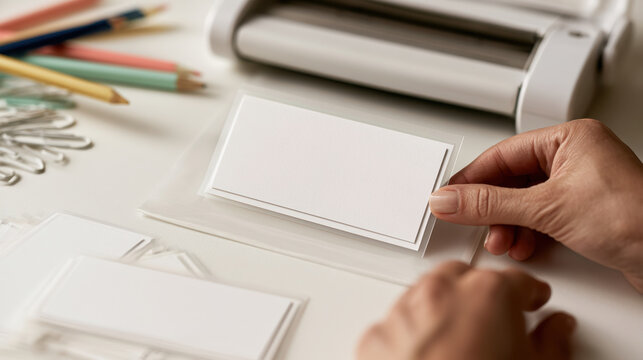 Teacher classroom resource preparation with hands holding blank laminated card beside laminator and school supplies