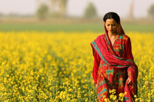 Young Punjabi woman in a richly embroidered red kameez and matching dupatta walks through a vibrant mustard field, showcasing traditional Phulkari patterns in a serene rural setting