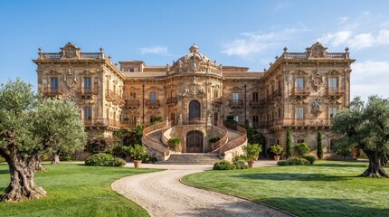Obraz premium Baroque Italian Palace with Grand Double Staircase and Olive Trees