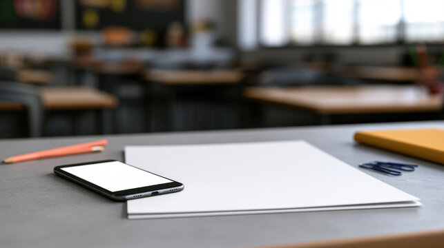 Teacher digital template mockup with blank smartphone screen beside white paper on classroom desk