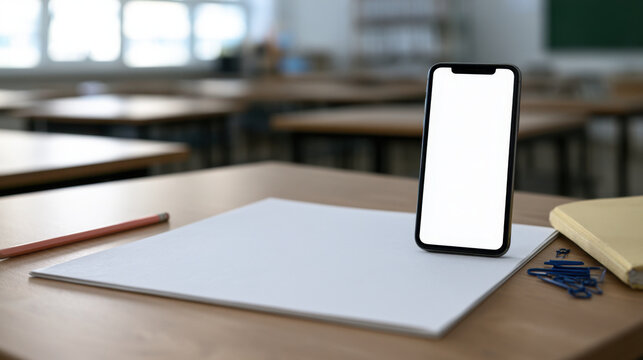 Teacher digital template mockup with blank smartphone screen and white paper on classroom desk with school supplies