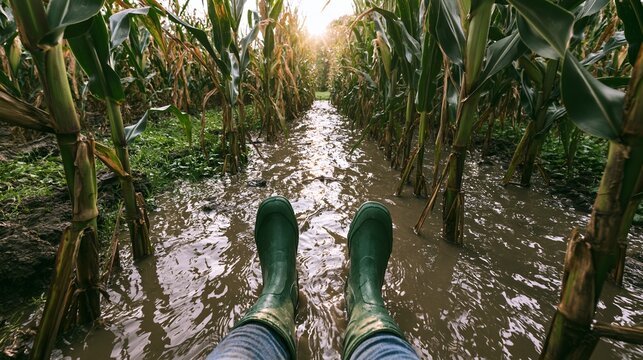 Farmer or worker experiencing flooded cornfield after severe weather, highlighting crop vulnerability to climate change impact