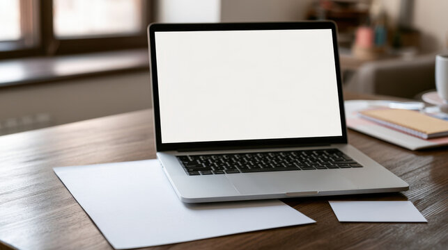 Teacher printable template bundle mockup with blank laptop screen, paper and card on wooden workspace