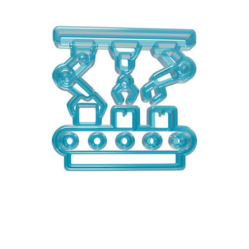 Industrial robotic arms and factory assembly line 3D glass icon isolated on transparent background.