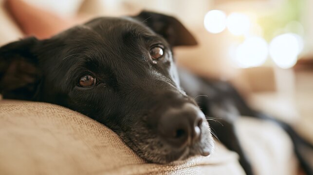 Black dog relaxing on a textured sofa, eyes showing calm and comfort, experiencing peaceful domestic life in natural light